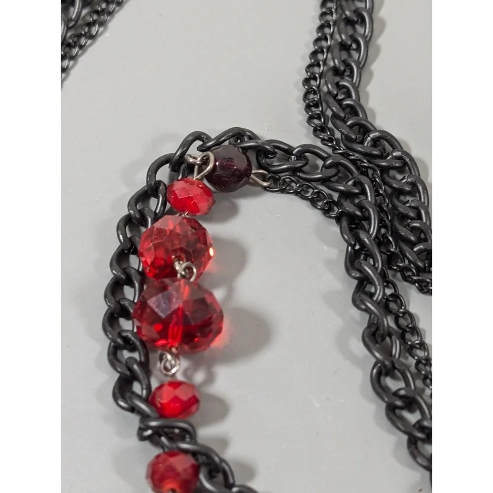 Black Metallic‎ Double Chain Long Layer Red Glass Bead Necklace Gothic 40